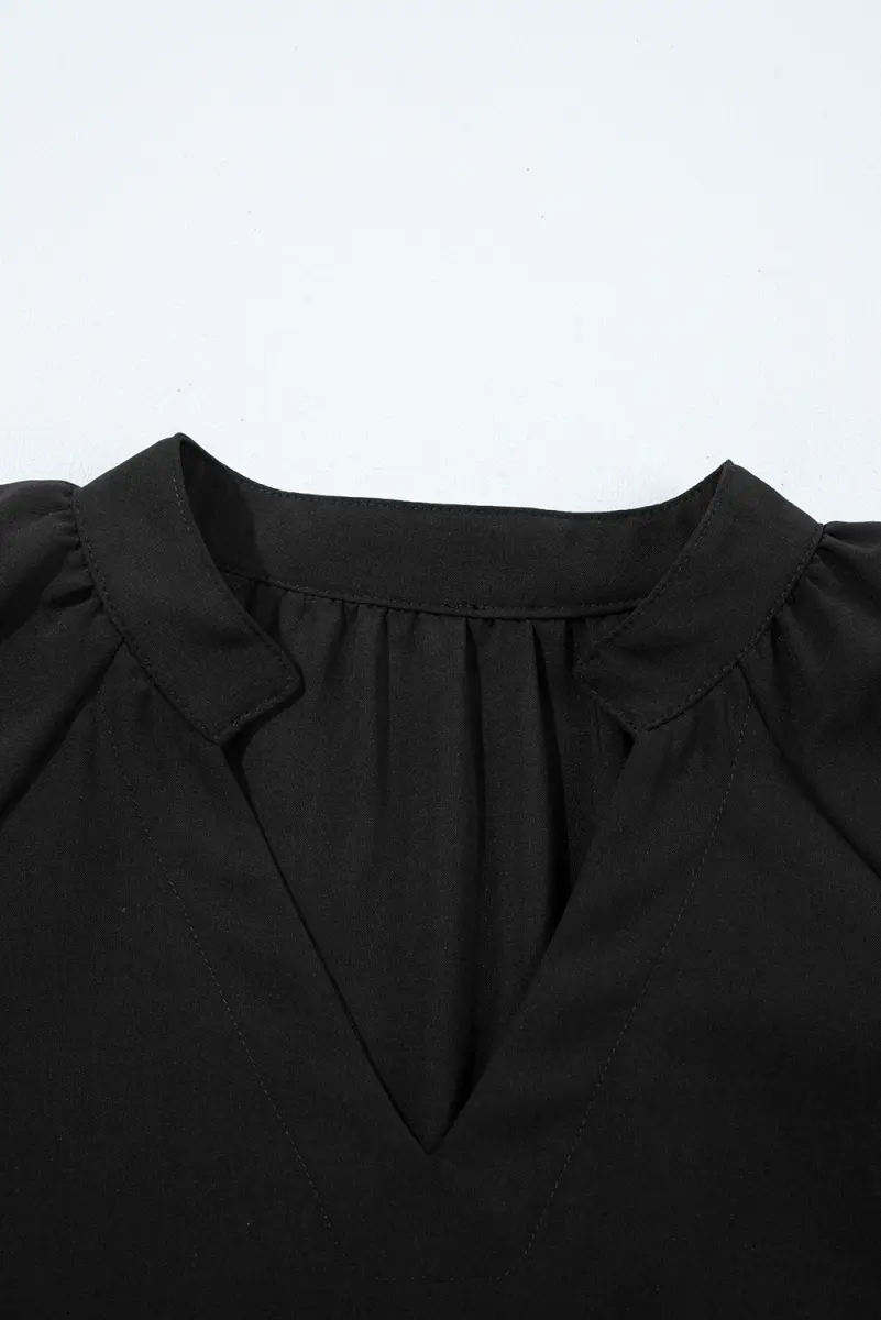Black Bow Decor Puff Sleeve Split Neck Blouse for Women - Love Salve